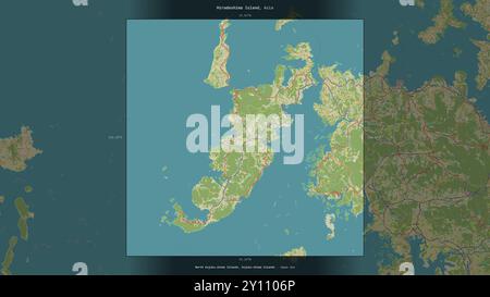 Isola di Hiradoshima nel Mar del Giappone, appartenente al Giappone, descritta ed evidenziata su una mappa topografica in stile umanitario OSM Foto Stock