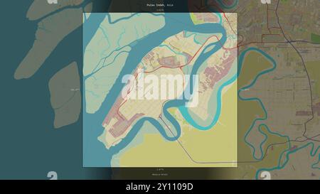 Pulau Indah nello stretto di Malacca, appartenente alla Malesia, descritto ed evidenziato su una mappa topografica in stile umanitario OSM Foto Stock