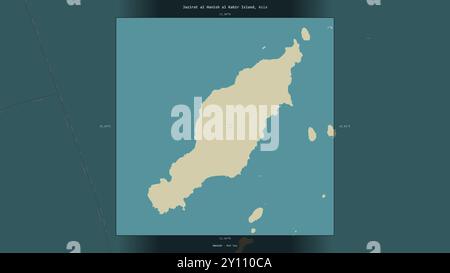 Jazirat al Hanish al Kabir Island nel Mar Rosso, appartenente allo Yemen, descritta ed evidenziata su una mappa topografica in stile umanitario OSM Foto Stock