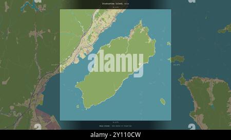 Isola Itsukushima nel Seto Naikai o Mare interno, appartenente al Giappone, descritta ed evidenziata su una mappa topografica in stile umanitario OSM Foto Stock