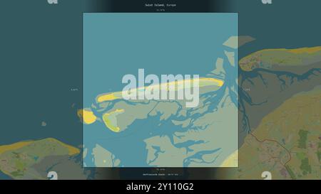 Juist Island nel Mare del Nord, appartenente alla Germania, descritta ed evidenziata su una mappa topografica in stile umanitario OSM Foto Stock