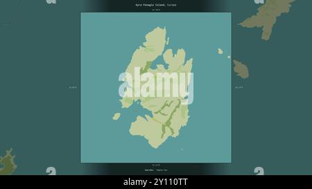 Isola di Kyra Panagia nel Mar Egeo, appartenente alla Grecia, descritta ed evidenziata su una mappa topografica in stile umanitario OSM Foto Stock