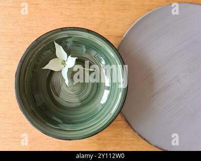 Un fiore bianco di legno di pino con stelo giace decorativamente su una ciotola verde con piatto Foto Stock