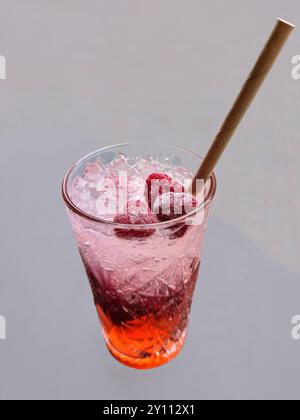 Una bevanda dissetante fruttata analcolica con una paglia e frutta in un bicchiere, rinfrescante in estate con una bevanda alla frutta rossa su ghiaccio Foto Stock