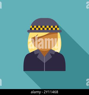 Icona dal design piatto minimalista di un agente di polizia che indossa il casco tradizionale con un motivo a scacchi Illustrazione Vettoriale