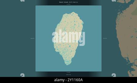 Mansel Island nella Baia di Hudson, appartenente al Canada, descritta ed evidenziata su una mappa topografica in stile umanitario OSM Foto Stock