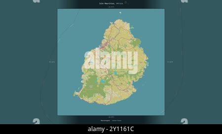 Isola Mauritius nell'Oceano Indiano, appartenente a Mauritius, descritta ed evidenziata su una mappa topografica in stile umanitario OSM Foto Stock