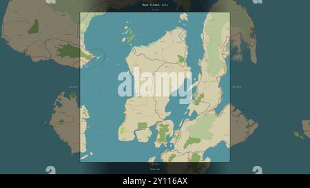 Muna Island nel Mare di banda, appartenente all'Indonesia, descritta ed evidenziata su una mappa topografica in stile umanitario OSM Foto Stock