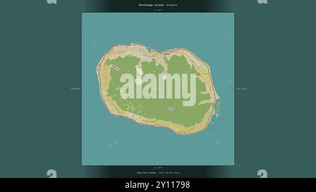 L'isola di Rarotonga, nell'Oceano Pacifico meridionale, appartenente alle Isole Cook, descritta ed evidenziata su una mappa topografica in stile umanitario OSM Foto Stock