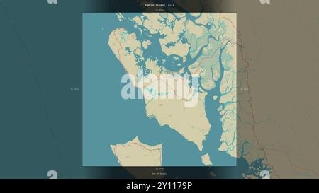 Ramree Island nella Baia del Bengala, appartenente al Myanmar, descritta ed evidenziata su una mappa topografica in stile umanitario OSM Foto Stock
