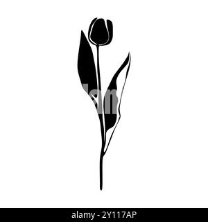 Silhouette Tulip in bianco e nero. Silhouette floreale. Fiori disegnati a mano. Silhouette Botanical Black isolata su sfondo bianco Illustrazione Vettoriale