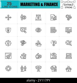 Pacchetto icone della linea marketing e finanza. Set vettoriale tratto modificabile - Design semplice e moderno.eps Illustrazione Vettoriale