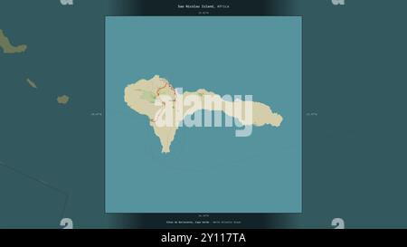 Isola Sao Nicolau nell'Oceano Atlantico settentrionale, appartenente a Capo Verde, descritta ed evidenziata su una mappa topografica in stile umanitario OSM Foto Stock