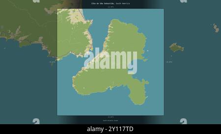 Ilha de Sao Sebastiao nell'Oceano Atlantico meridionale, appartenente al Brasile, descritta ed evidenziata su una mappa topografica in stile umanitario OSM Foto Stock