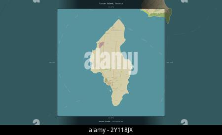 Tinian Island nel Mar delle Filippine, appartenente agli Stati Uniti, descritta ed evidenziata su una mappa topografica in stile umanitario OSM Foto Stock