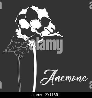 Anemone per logo, decorazioni, tessera. invito. Linea bianca disegnata a mano e silhouette. Decorazioni nuziali disegnate a mano, eleganti foglie per gli invitati Illustrazione Vettoriale