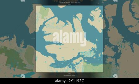 Victoria Island nei passaggi nordoccidentali, appartenente al Canada, descritta ed evidenziata su una mappa topografica in stile umanitario OSM Foto Stock