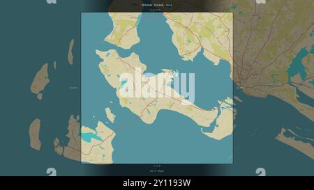 Velanai Island nella Baia del Bengala, appartenente allo Sri Lanka, descritta ed evidenziata su una mappa topografica in stile umanitario OSM Foto Stock