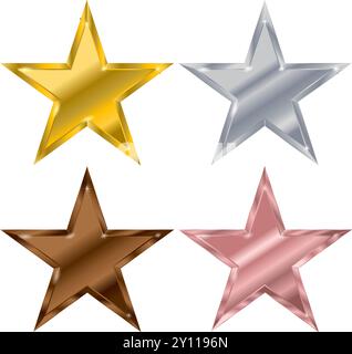 Set di stelle colorate metallizzate in oro, argento, bronzo e oro rosa con riempimenti sfumati Illustrazione Vettoriale