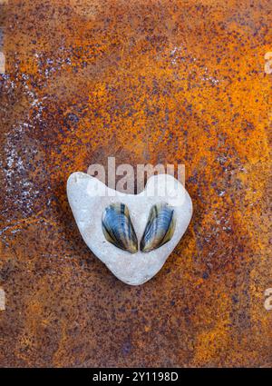 Pietra a forma di cuore, decorazione marittima, natura morta Foto Stock