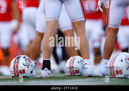 Una vista dettagliata dei caschi degli Utah Utes prima di una partita contro i Southern Utah Thunderbirds al Rice Eccles Stadium il 29 agosto 2024 a Salt Lake City, Foto Stock