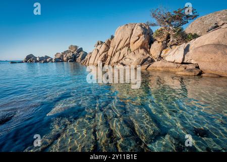 Formazioni rocciose di granito sulla spiaggia di Tamaricciu, Palombaggia, Porto Vecchio, Corse-du-Sud, Corsica, Francia Foto Stock