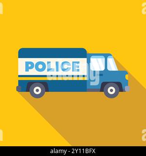 Illustrazione vettoriale minimalista di un camion della polizia blu parcheggiato su sfondo giallo, ideale per le forze dell'ordine o i progetti relativi alla sicurezza Illustrazione Vettoriale