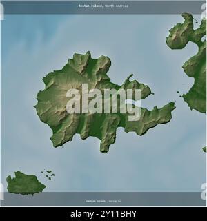 Akutan Island nel Mare di Bering, appartenente agli Stati Uniti, ritagliata in quadrato su una mappa colorata di elevazione Foto Stock