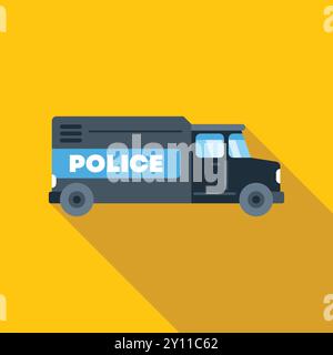 Furgone nero della polizia parcheggiato su sfondo giallo, design piatto minimalista con lunga ombra Illustrazione Vettoriale