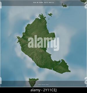 Isla de Coiba, nell'Oceano Pacifico settentrionale, appartenente a Panama, ritagliata in piazza su una mappa colorata di elevazione Foto Stock