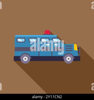 Furgone blu della polizia che trasporta i criminali in prigione con la sirena in cima in un design piatto con una lunga ombra Illustrazione Vettoriale