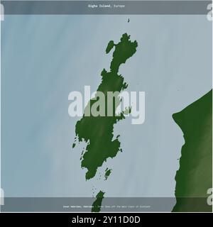 L'isola di Gigha, nei mari interni al largo della costa occidentale della Scozia, appartenente al Regno Unito, è stata ritagliata su una mappa colorata di elevazione Foto Stock