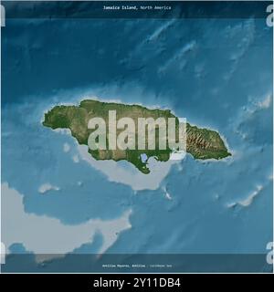 Jamaica Island nel Mar dei Caraibi, appartenente alla Giamaica, tagliata in piazza su una mappa colorata di altitudine Foto Stock