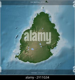 Isola Mauritius nell'Oceano Indiano, appartenente a Mauritius, ritagliata in quadrato su una mappa colorata di elevazione Foto Stock