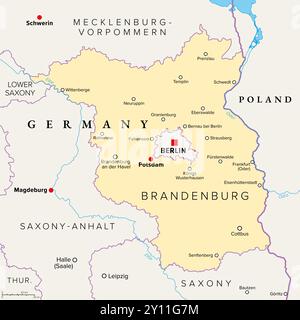 Brandeburgo, uno stato nel nord-est della Germania, mappa politica con la capitale e la città più grande Potsdam, i confini e le città più grandi. Foto Stock