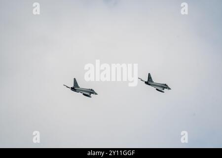 Farnborough, Hampshire - 26 luglio 2024: Farnborough International Airshow venerdì Eurofighter Typhoon EF2000 Foto Stock