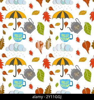 Accogliente motivo di vibrazioni autunnali. Questo motivo vivace e accogliente cattura l'essenza dell'autunno. Dispone di tazze fumanti, cappelli caldi lavorati a maglia, maglioni aderenti, Illustrazione Vettoriale