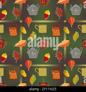 Questa immagine presenta un delizioso motivo caratterizzato da elementi sinonimo di calore autunnale. Il design include illustrazioni di tazze per la cottura a vapore e teiera Illustrazione Vettoriale