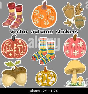 Questa vivace immagine presenta una deliziosa collezione di adesivi autunnali vettoriali, perfetti per le decorazioni stagionali. Il set include due paia di Illustrazione Vettoriale