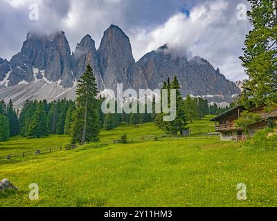 Vista dall'Alpe di Glatsch al gruppo Geisler, al Parco naturale Puez-Geisler, alla valle di Villnöss, Villnössstal, Villnösstal,, provincia di Bolzano, alto Adige, alto Adige, Alpi, Dolomiti, parco naturale Puez-Geisler, Trentino-alto Adige, Italia Foto Stock