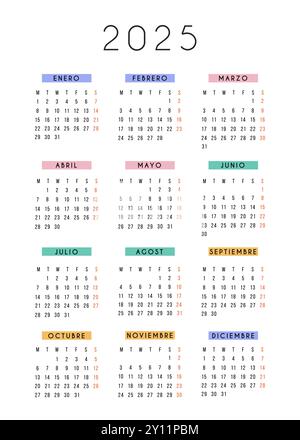 Calendario spagnolo 2025 anno. La settimana del calendario della cancelleria vettoriale inizia lunedì. Organizzatore annuale. Semplice modello di calendario moderno dal design minimalista Illustrazione Vettoriale