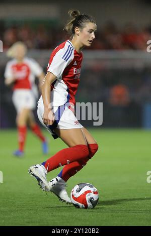 Borehamwood, Regno Unito. 4 settembre 2024. Emily Fox dell'Arsenal durante la semifinale della UEFA Women's Champions League tra Arsenal e Rangers al Mangata Pay UK Stadium di Meadow Park. Crediti: Jay Patel/Alamy Live News Foto Stock