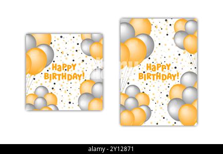 Set di biglietti di auguri di buon compleanno con 2 disegni. Illustrazione vettoriale. Modelli di biglietti d'auguri quadrati e verticali. Palloncini di elio dorati e. Illustrazione Vettoriale