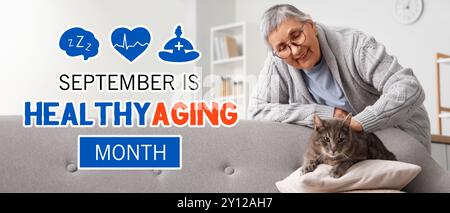 Banner per sano invecchiamento mese con coppia senior donna con gatto a casa Foto Stock