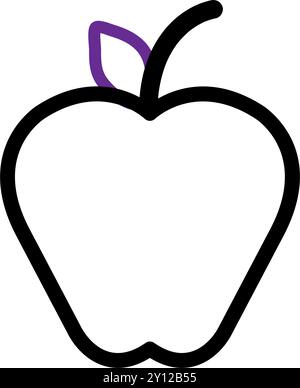 Icona della mela delineata con foglia viola e contorno nero vettoriale Illustrazione Vettoriale