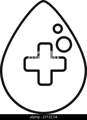 Semplice illustrazione vettoriale in bianco e nero di una goccia di sangue contenente una croce medica, che simboleggia l'assistenza sanitaria, la donazione e i servizi medici Illustrazione Vettoriale