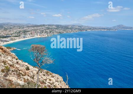 Paesaggio urbano maestoso: Prospettiva aerea della metropoli di Seaside dalla cima della montagna all'ora d'oro. Pittoresca vista ad alta quota Foto Stock