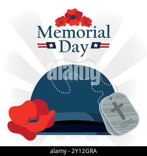 Casco per il Memorial Day con medaglia e papaveri in un disegno piatto Vector Illustrazione Vettoriale