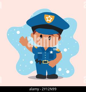 Agente di polizia dei cartoni animati in uniforme che saluta e sorride, Vector Illustrazione Vettoriale