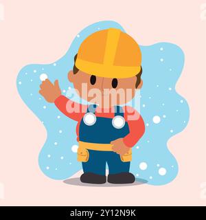 Operaio edile di cartoni animati in elmetto giallo, Vector Illustrazione Vettoriale